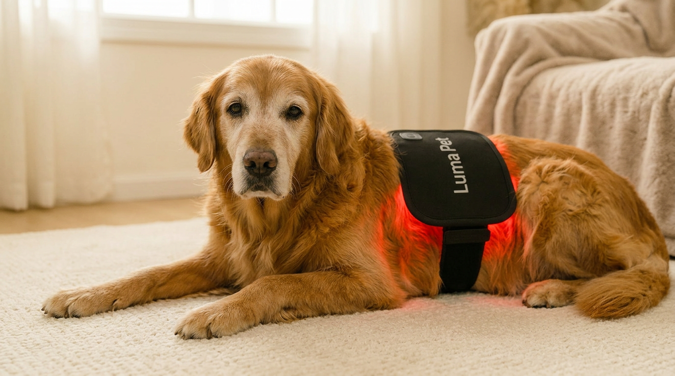 Senior Golden Retriever resting at home with a LumaPet red light therapy pad on its hip
