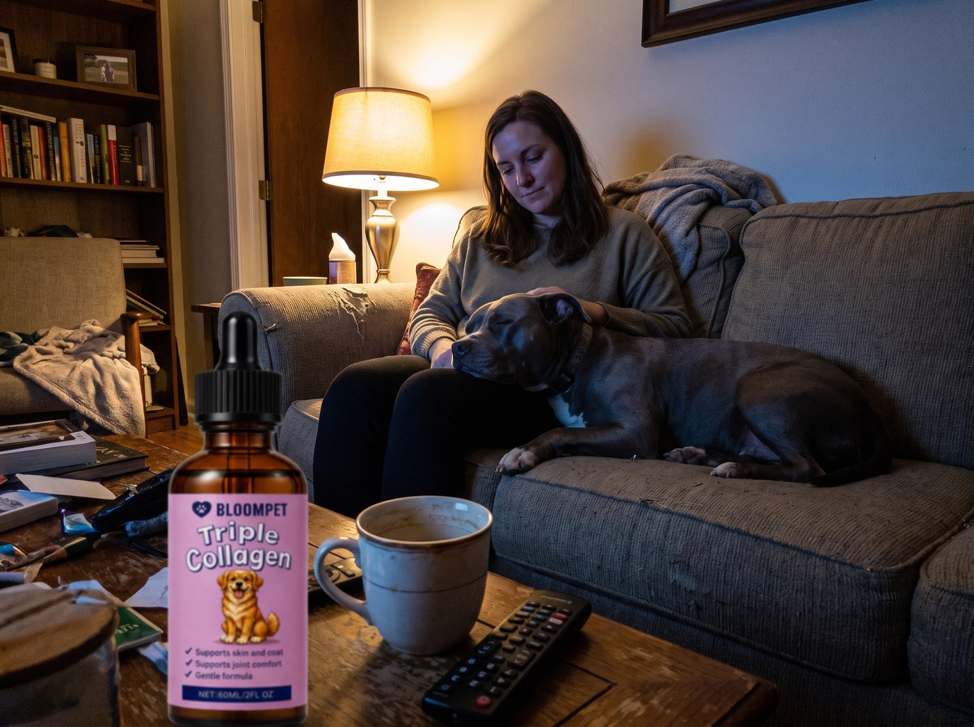Dog asleep across its owner's lap in a lamp-lit living room at night
